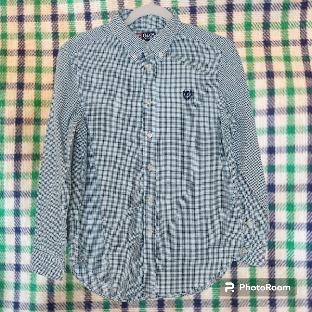 Boy's Chaps Long Sleeve Button Down Blue and Green Check Shirt Size Large 14/16